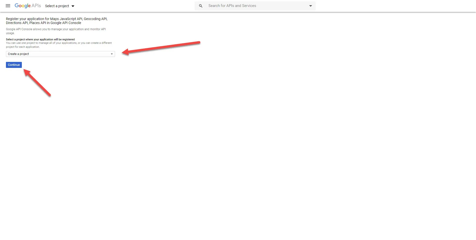 Google API Console — Create a project